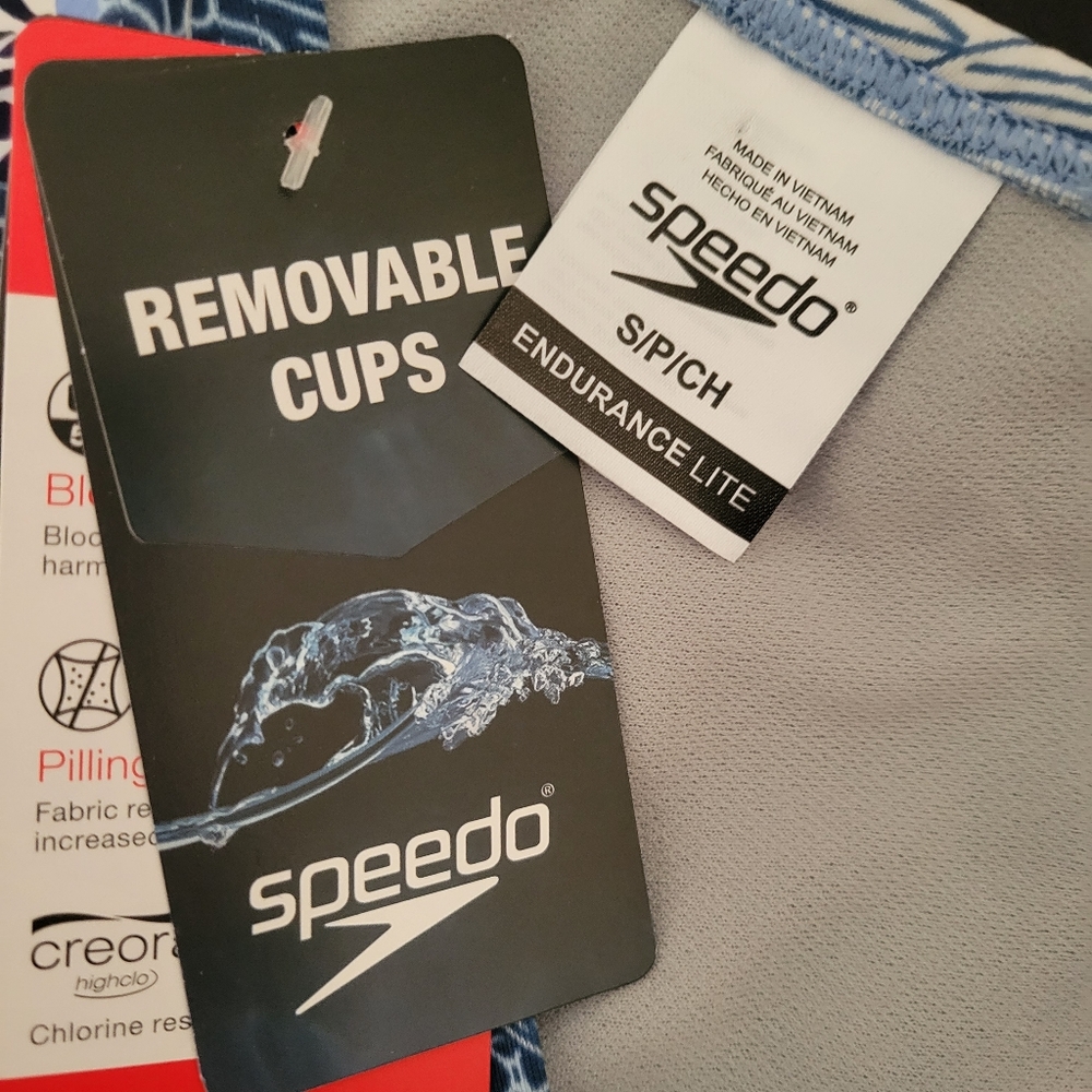 NWT Speedo Floral Bikini Top Small Blue White Sport Swim Top Removable Pads - Picture 2 of 7